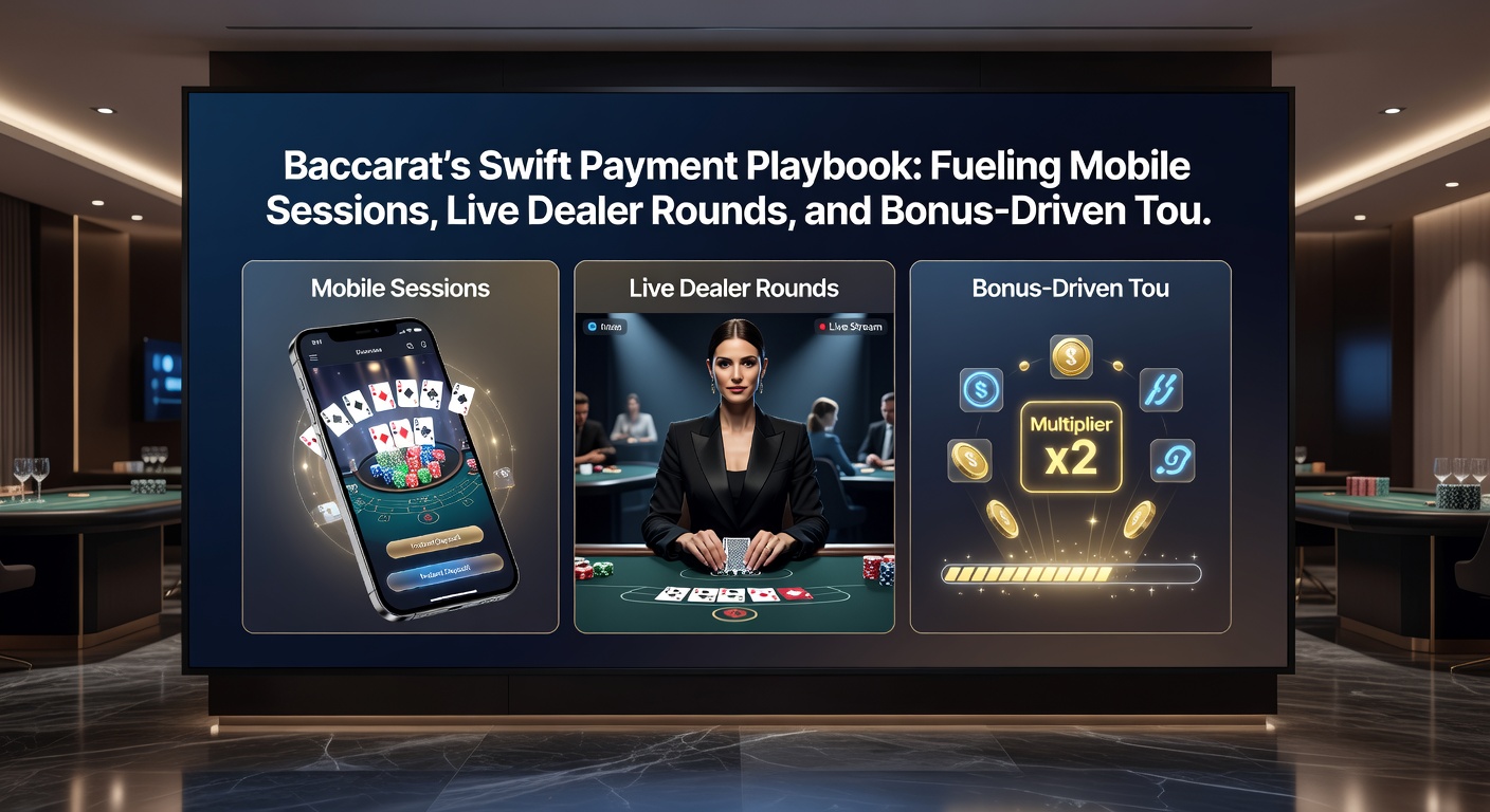 Live-Dealer-Tisch mit Baccarat-Karten, umgeben von Icons für schnelle Zahlungen und mobile Geräte