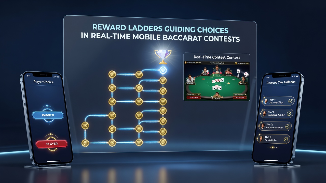 Spieler analysiert Belohnungsstufen auf einem mobilen Gerät während eines Live-Baccarat-Events